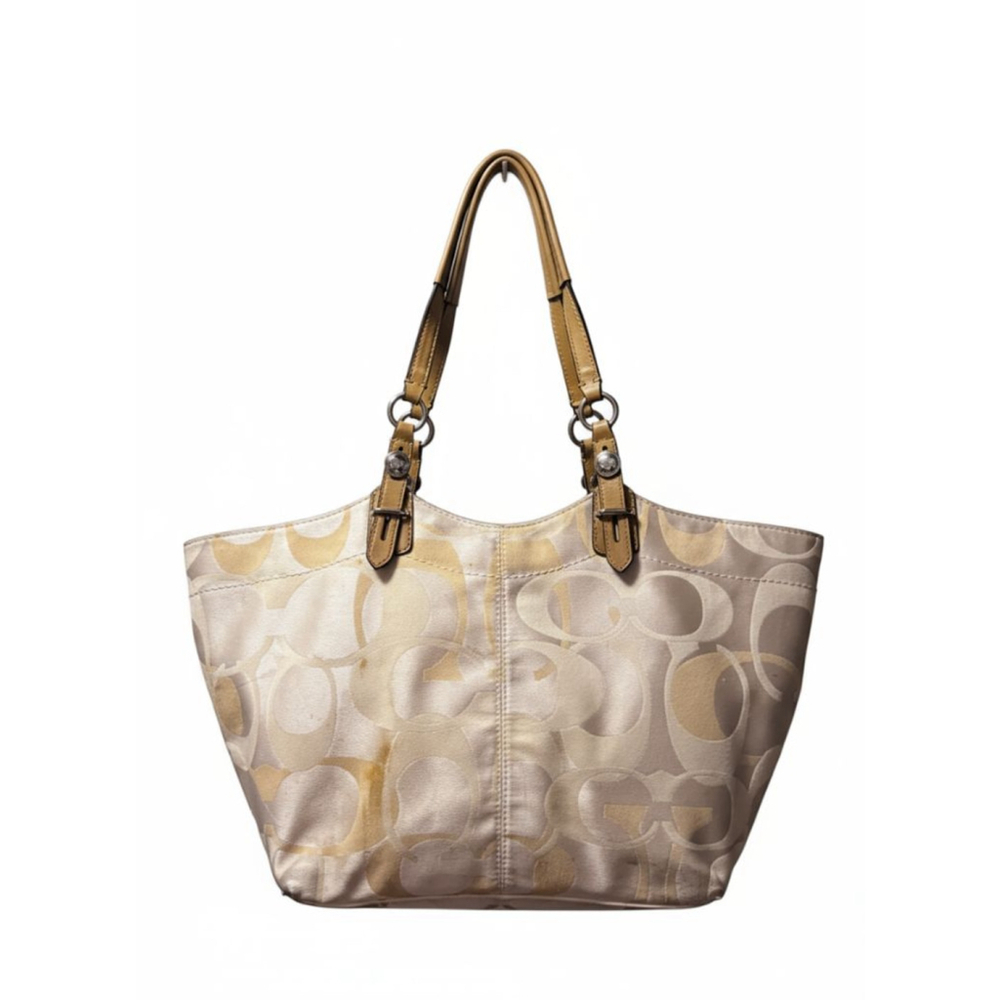 Vintage Coach Signature Satin Tote Bag Logo Large Ivory Creme